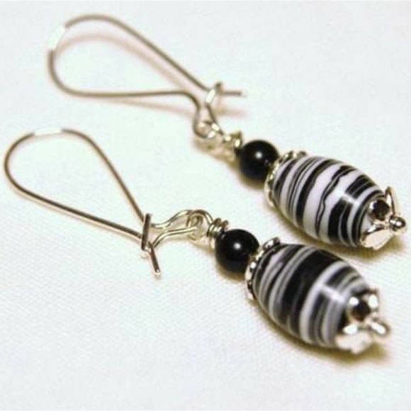 Angel Heart Treasures Jewelry - Handmade Striped Bead & Obsidian Gemstone Bead Silver Plated Dangle Earrings